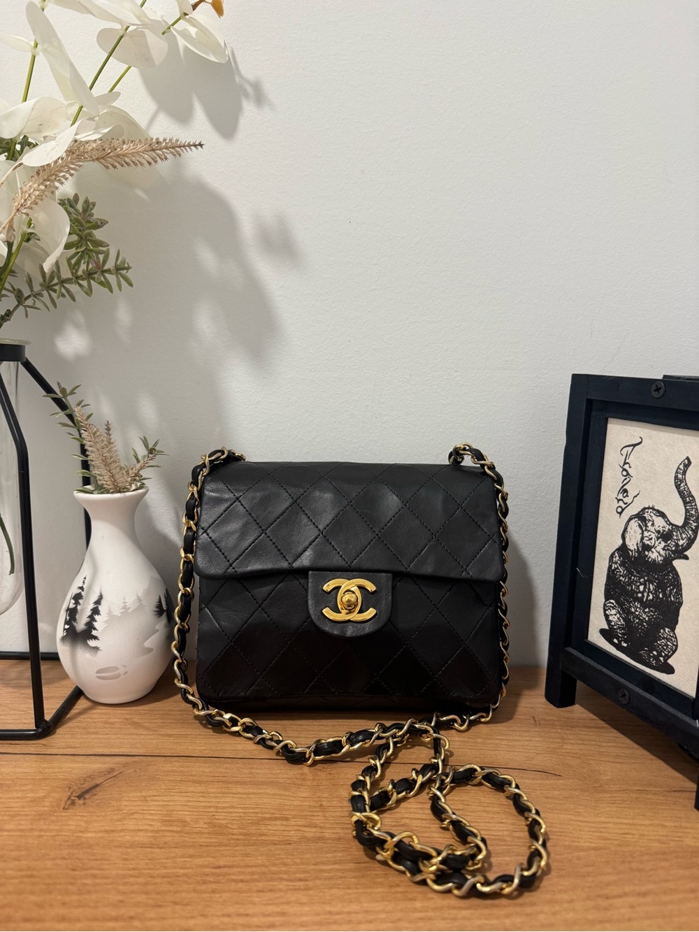 Vintage Chanel Black Lambskin Square Mini Double Flap 24k GHW